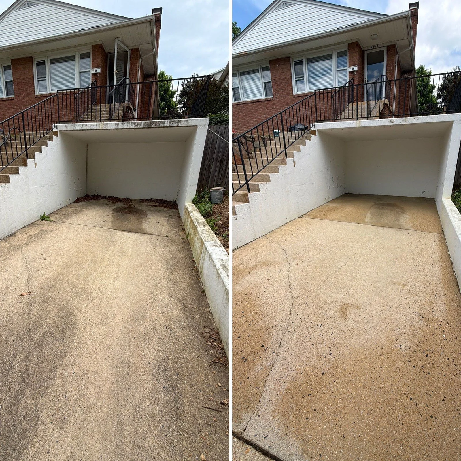 Comparison of a concrete driveway before and after cleaning. The left side shows a dirty, stained surface, while the right side displays a cleaner, brighter surface.