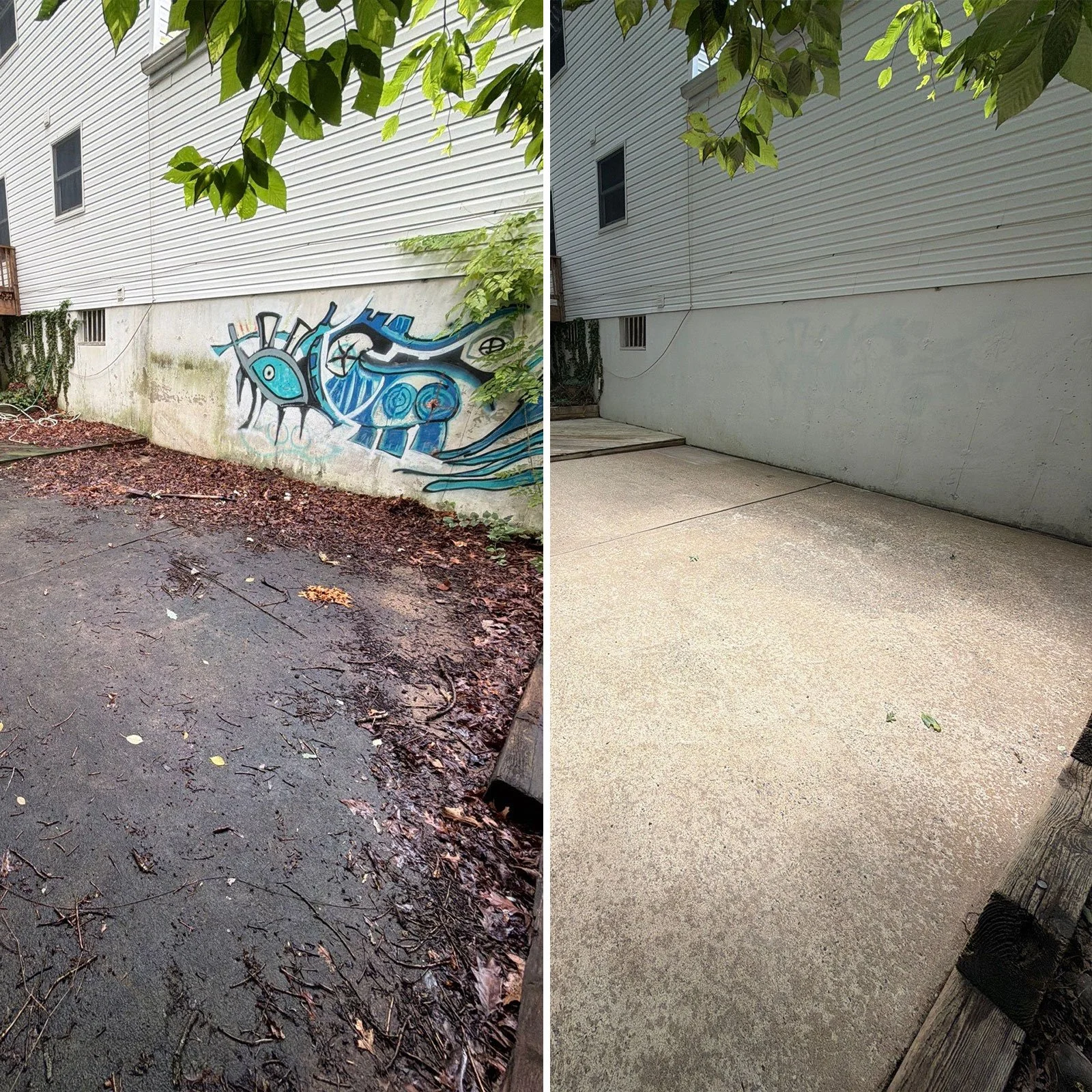 Side-by-side comparison of a house foundation before and after cleaning. On the left, a dirty, stained, and graffitied wall with debris and leaves on the ground. On the right, a clean, painted wall with a freshly cleaned sidewalk.