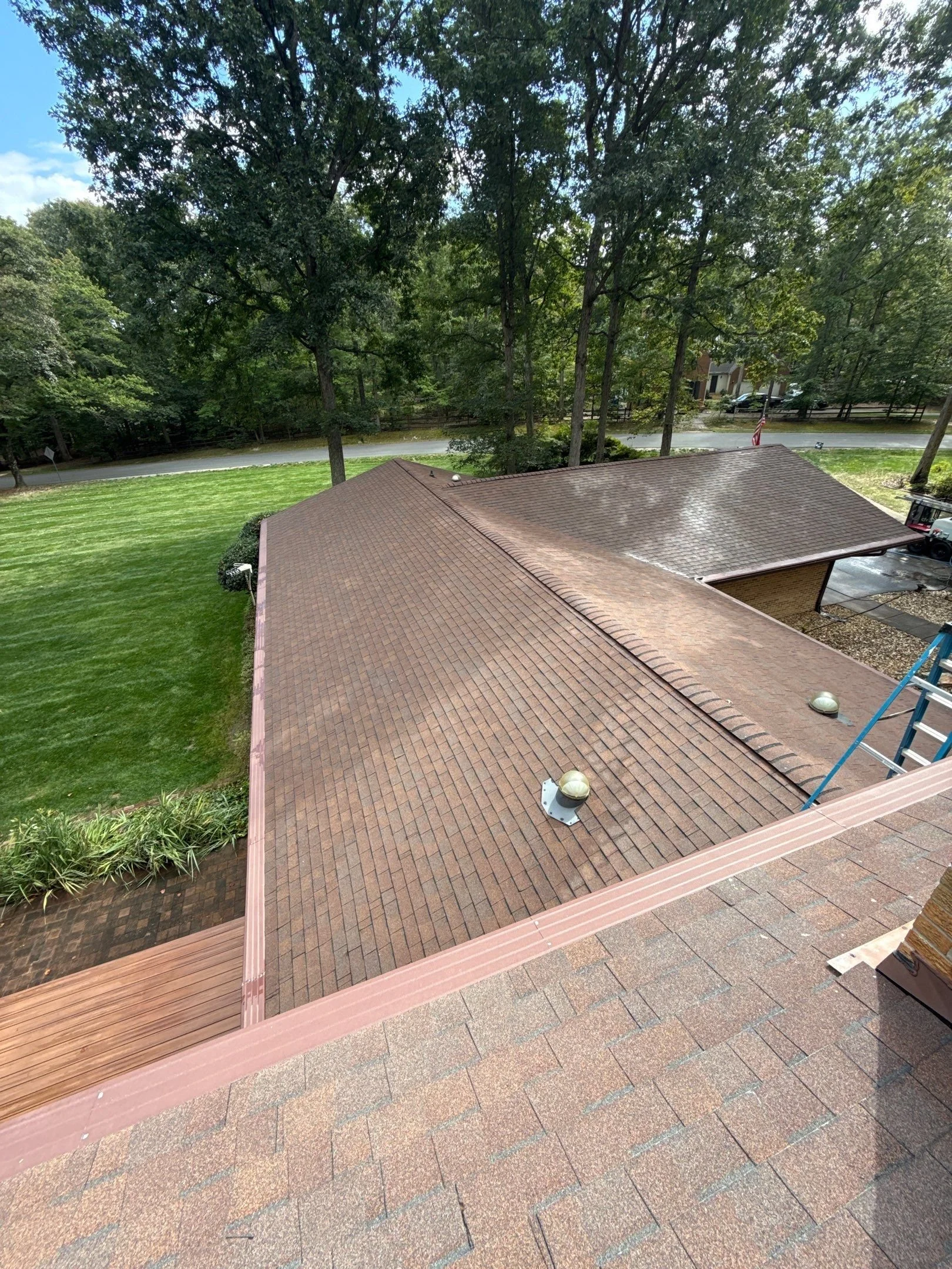 A house roof with a brown shingle surface, vents and a chimney, surrounded by a backyard with a green lawn, trees, and a sidewalk adjacent to a street with parked cars and houses in the background.