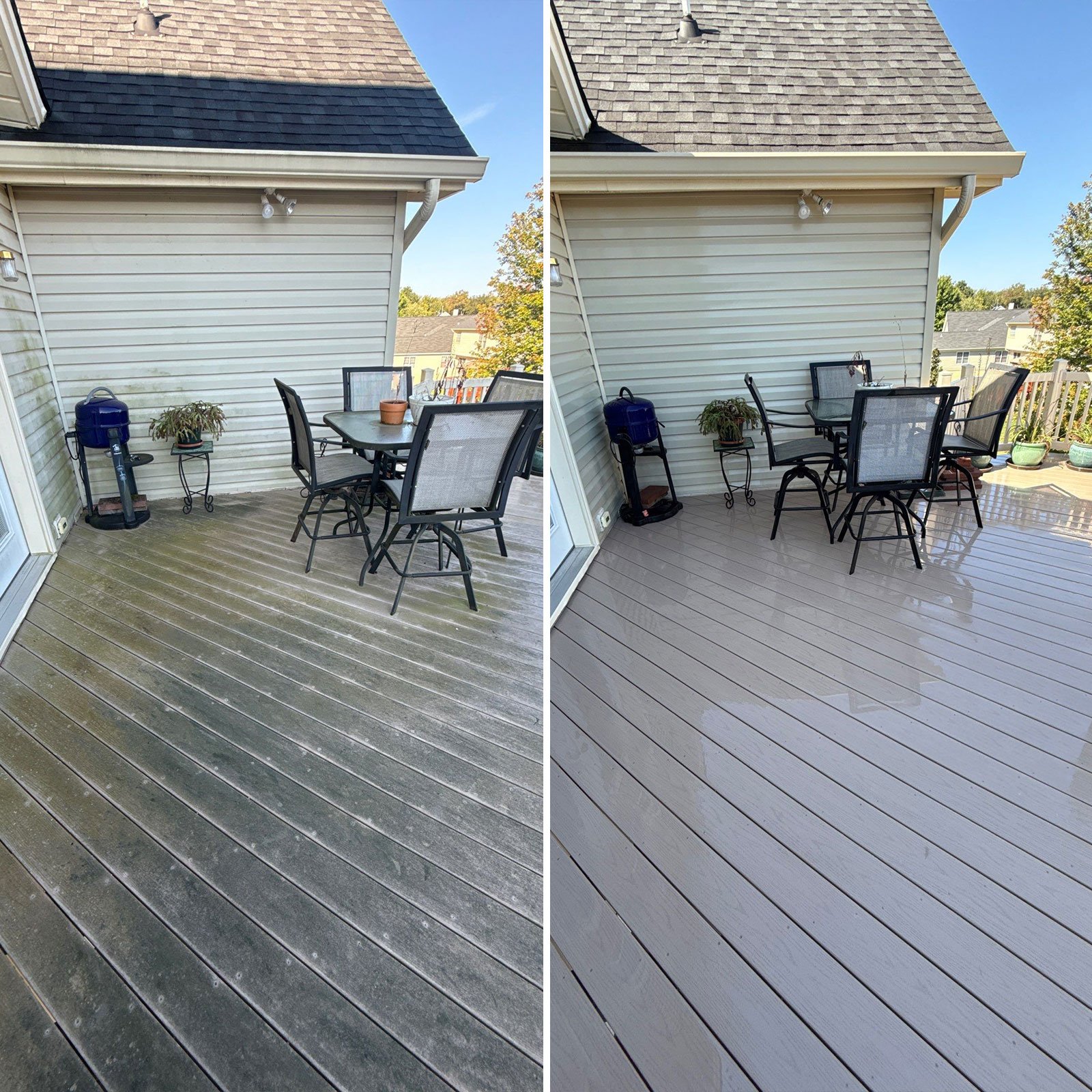 Comparison of two photos of an outdoor wooden deck attached to a house, with one photo showing the deck with moss and dirt buildup and the other showing the deck cleaned and restored, featuring a round table with chairs, potted plants, a water founta