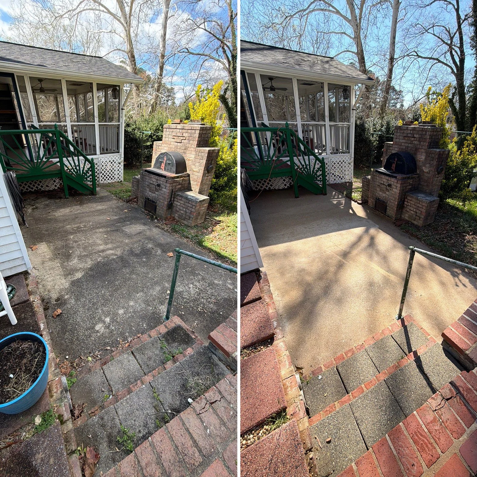 Comparison of a backyard patio area before and after cleaning and renovation. The left side shows a dirty, stained concrete surface with marked plants, while the right side displays a clean, new-looking concrete surface with bricks replaced around th