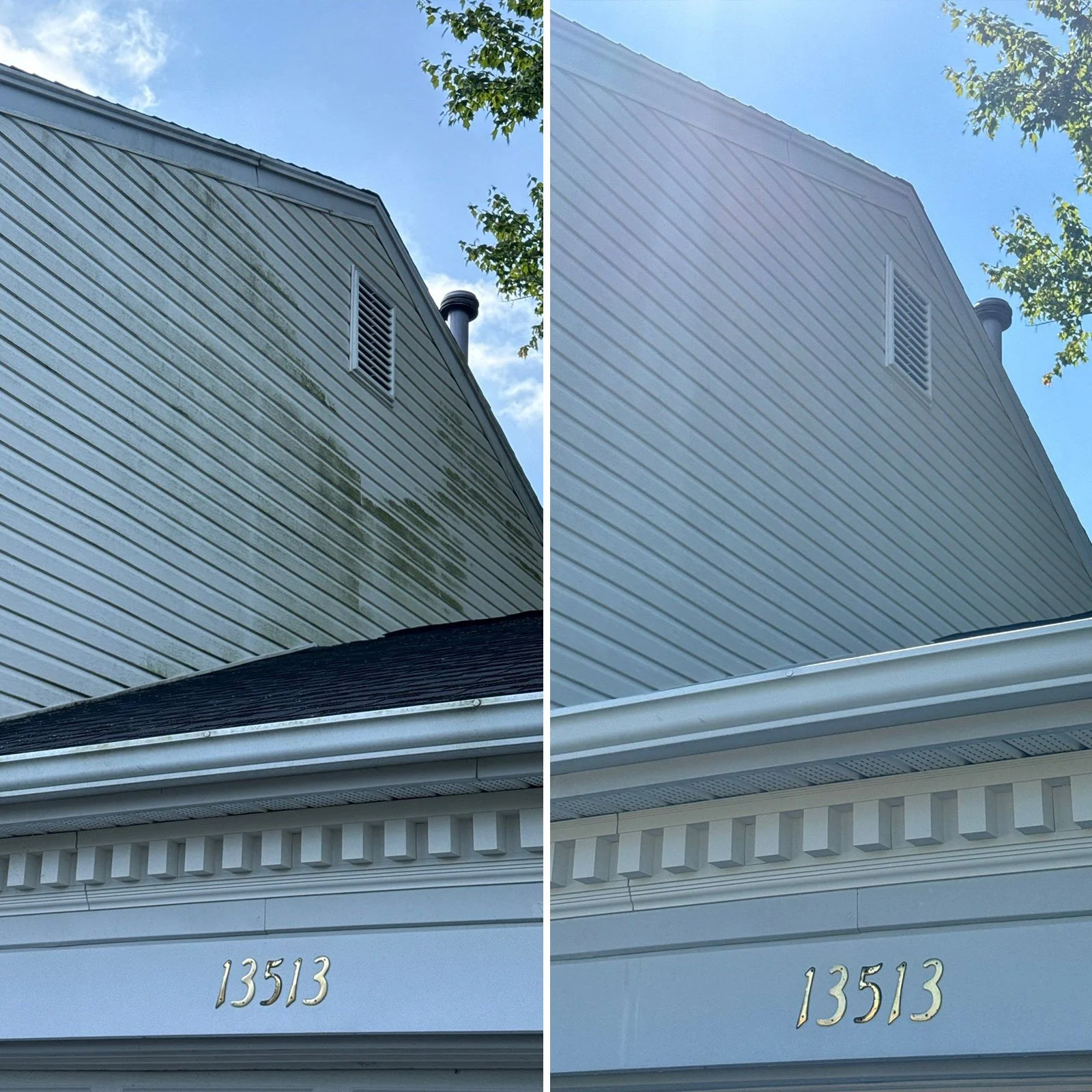 Before and after images showing house siding cleaning; left side shows mold and dirt on white house siding, while right side shows clean house siding with house number 13513.