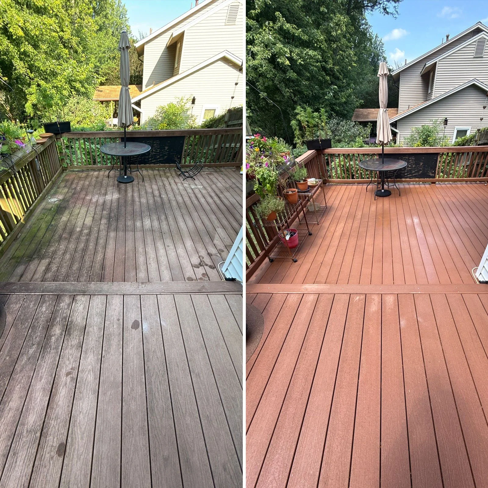 Side-by-side comparison of a wooden deck before and after cleaning and staining. The left side shows a weathered, grayish deck with dirt and stains. The right side shows the same deck after being cleaned and stained a brighter, reddish-brown color.