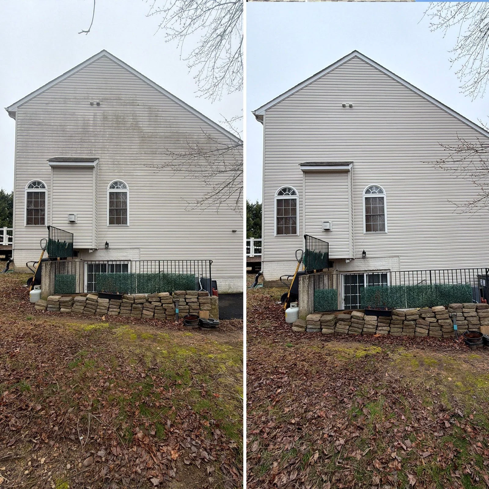 Side-by-side comparison of a two-story house with light-colored siding and arched windows, showing before and after cleaning. The left side depicts a house with dirt and grime on the siding, while the right side shows the same house with a clean exte