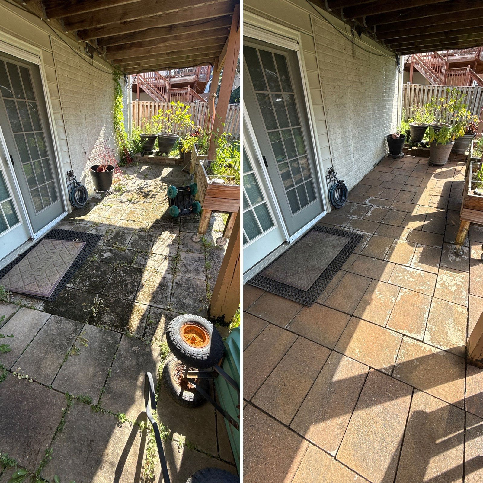 Side-by-side comparison of a patio before and after cleaning: The left side shows dirty, moss-covered pavers with weeds and objects scattered around, while the right side shows the same area cleaned, with the pavers looking bright and free of weeds.