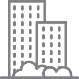 Two tall office buildings with windows and cloud-shaped clouds at the base