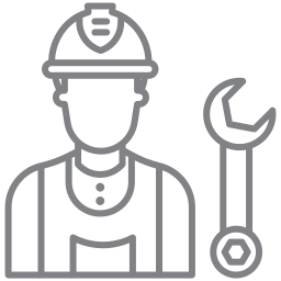 Line drawing of a worker wearing a hard hat and apron with a wrench symbol