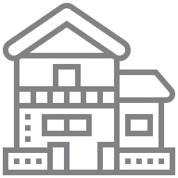 Outline drawing of a house with a pitched roof, balcony, and multiple windows.