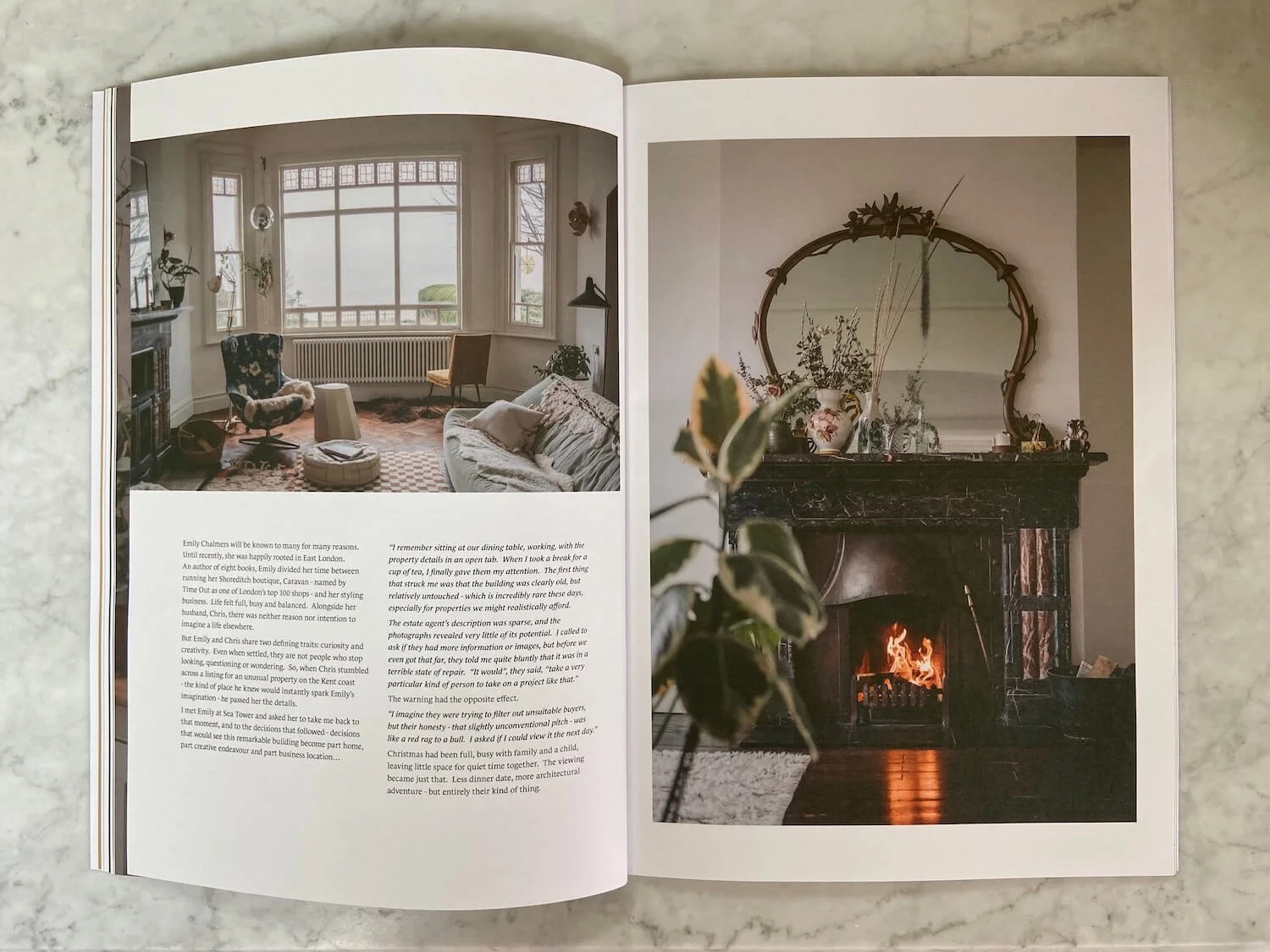 Interior feature from 5/45 Magazine showing photographs of Sea Tower alongside the beginning of an interview with Emily Chalmers about restoring the historic coastal home and creating spaces for creativity and connection.