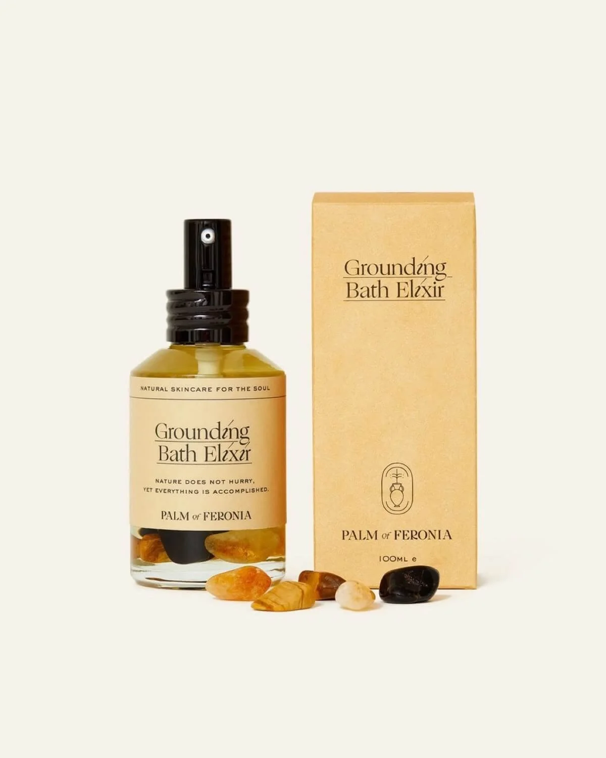 Grounding Bath Elixir by Palm of Feronia with its crystal selection and product box.
