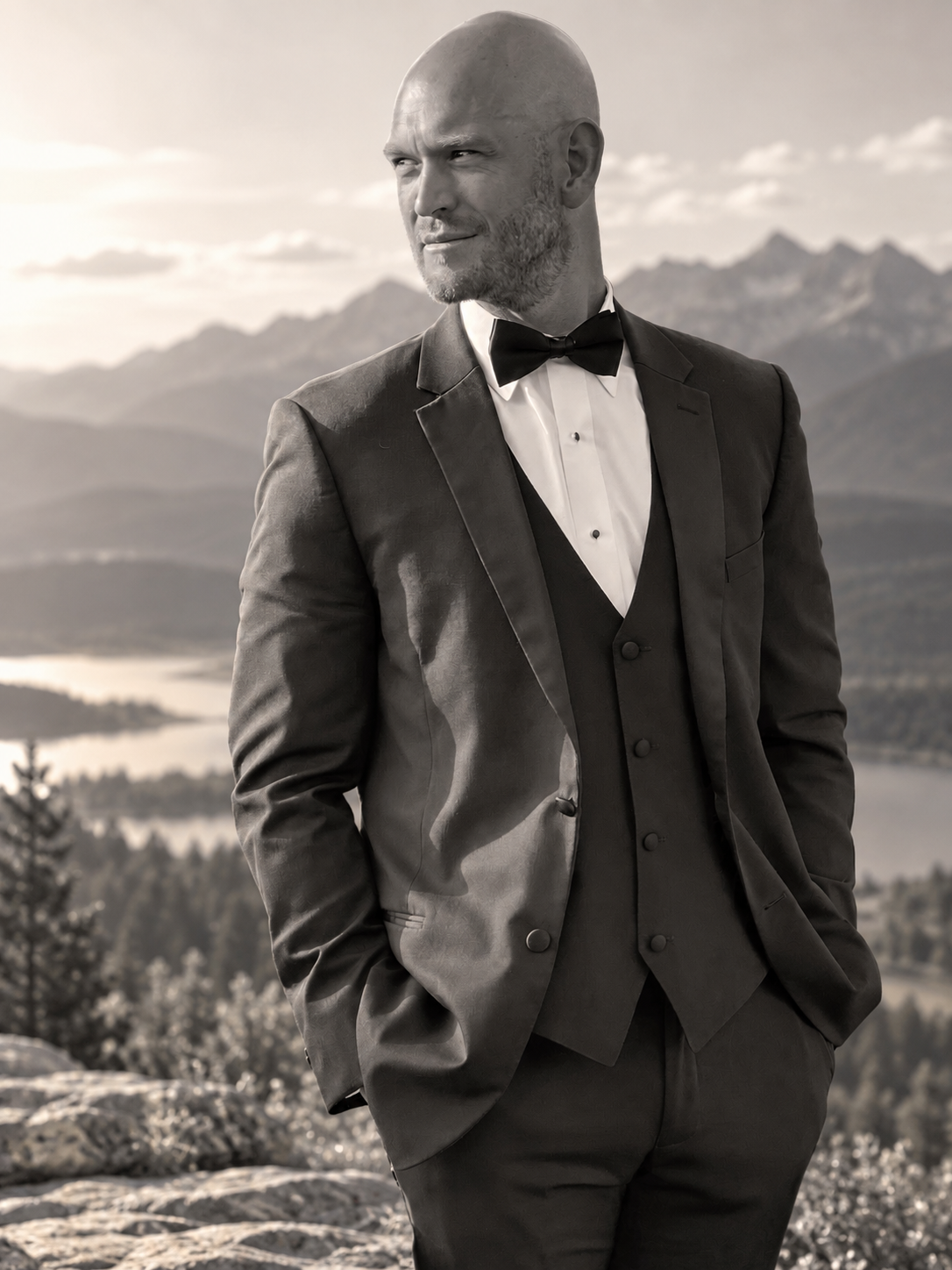 A man in a tuxedo standing outdoors in front of mountains and a lake, with his hands in his pockets, looking to the side.