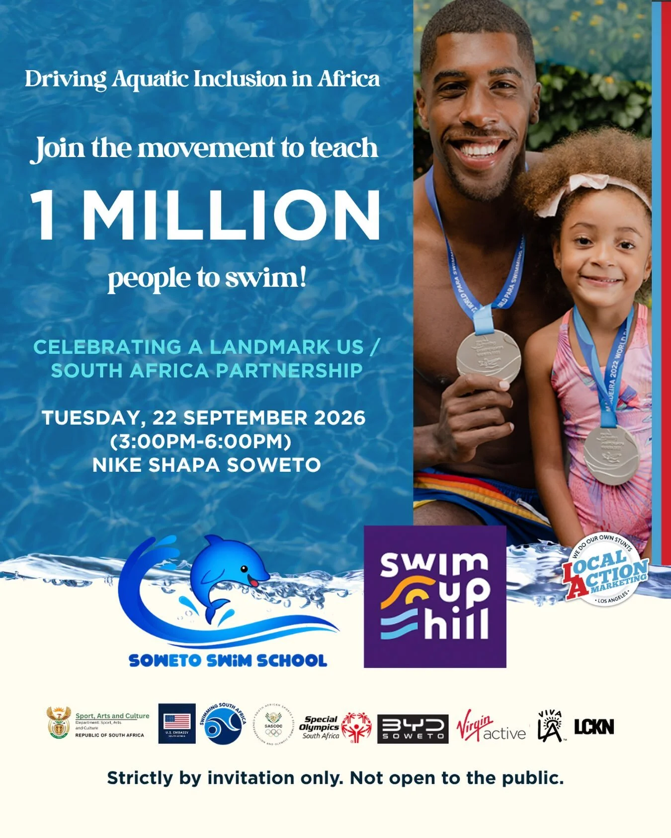 1 Million Swimmers Africa Launch - Less than 3 weeks to go!
 
Celebrating the power of sport and a landmark Los Angeles/South Africa partnership to drive aquatic inclusion in Africa and build towards the world&rsquo;s biggest sports stage in 2028.
 
