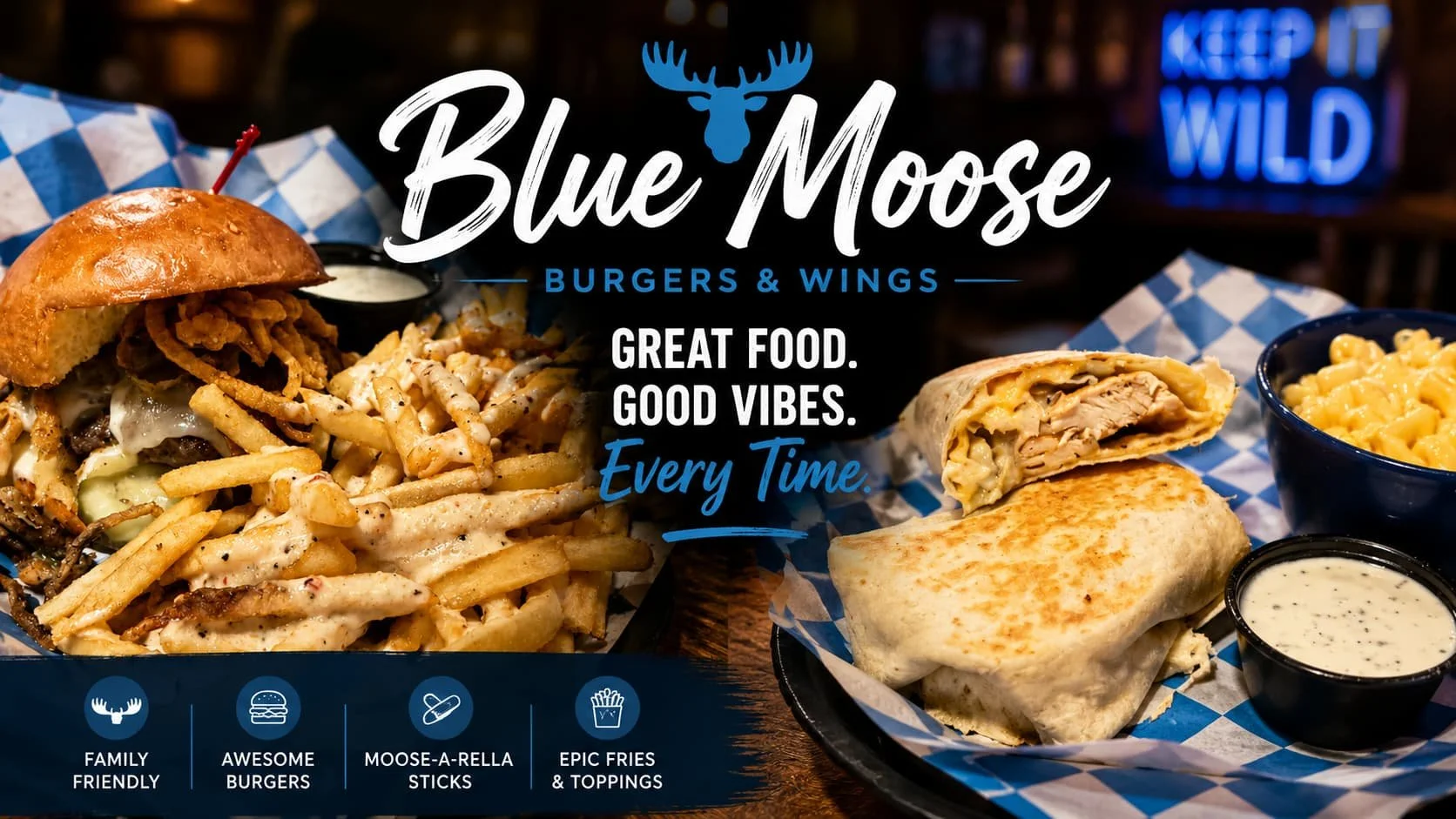Banner image featuring a Southern Jalapeño Burger, loaded queso fries, and a Wild Ranch Chicken Wrap from Blue Moose Burgers & Wings in Pigeon Forge. The image highlights the restaurant’s casual sports bar atmosphere and popular menu items.