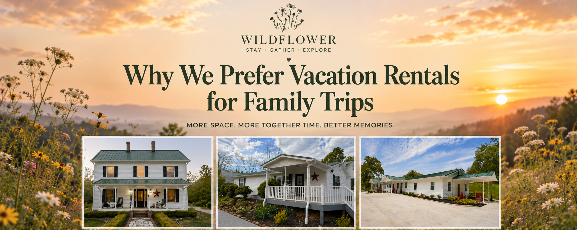 Wide blog banner featuring Wildflower vacation rental properties displayed as framed photos against a sunset Smoky Mountain landscape filled with wildflowers. Text reads ‘Why We Prefer Vacation Rentals for Family Trips.’