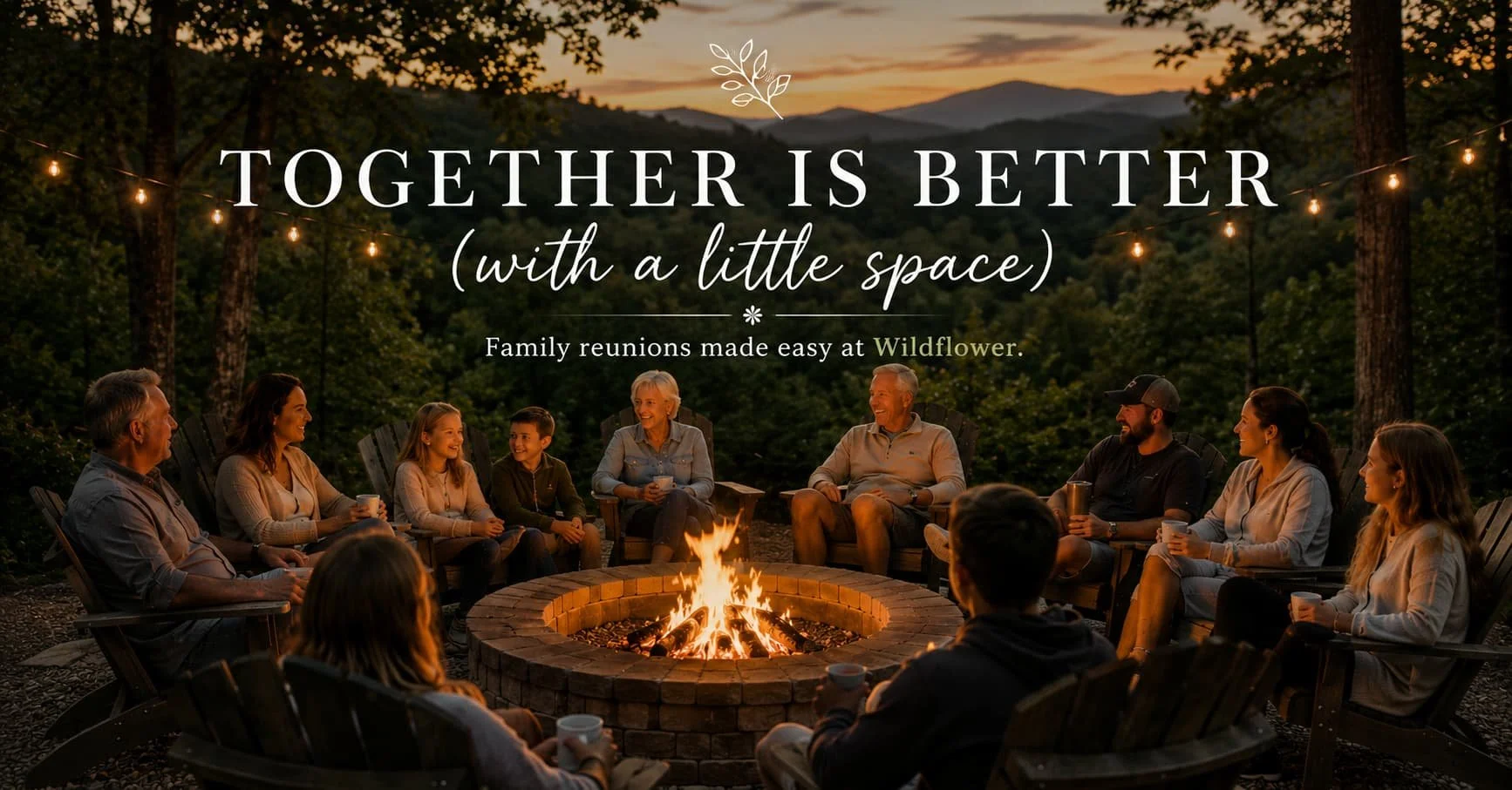 Multi-generational family gathered around a large brick firepit at sunset in the Smoky Mountains, surrounded by trees and mountain views, with the text “Together is Better (with a little space)” promoting family reunions at Wildflower.