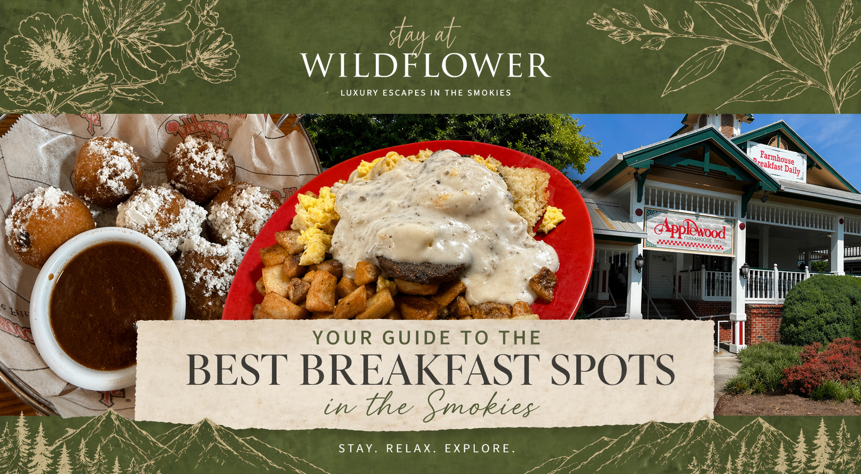 Collage of top breakfast spots in the Smoky Mountains featuring Applewood Farmhouse Grill in Sevierville with apple fritters, country breakfast platter, and restaurant exterior.
