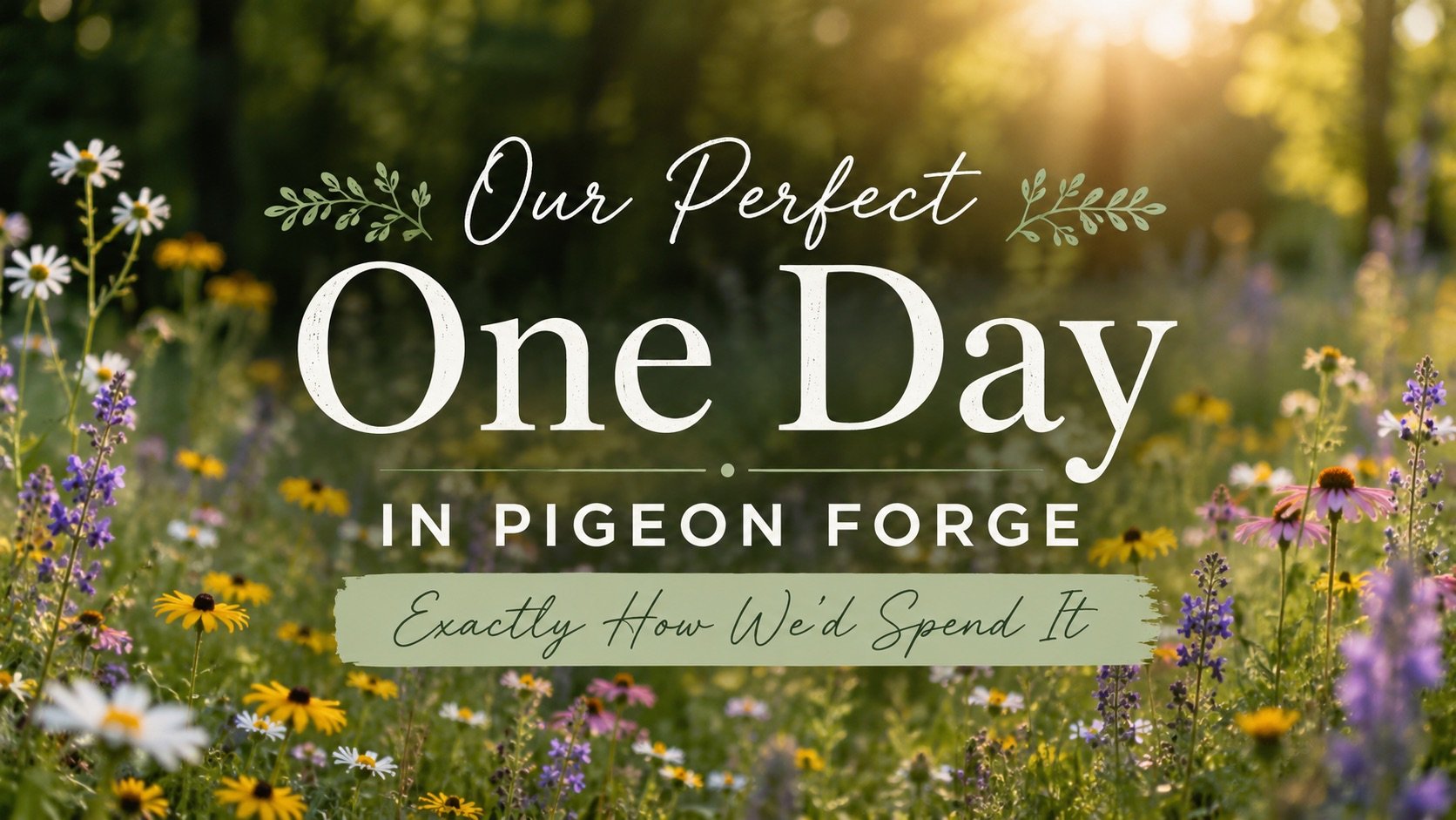 Wildflower meadow banner featuring the title "One Day in Pigeon Forge: Exactly How We'd Spend It" for a travel itinerary highlighting local restaurants, attractions, and a relaxing day in the Smokies.