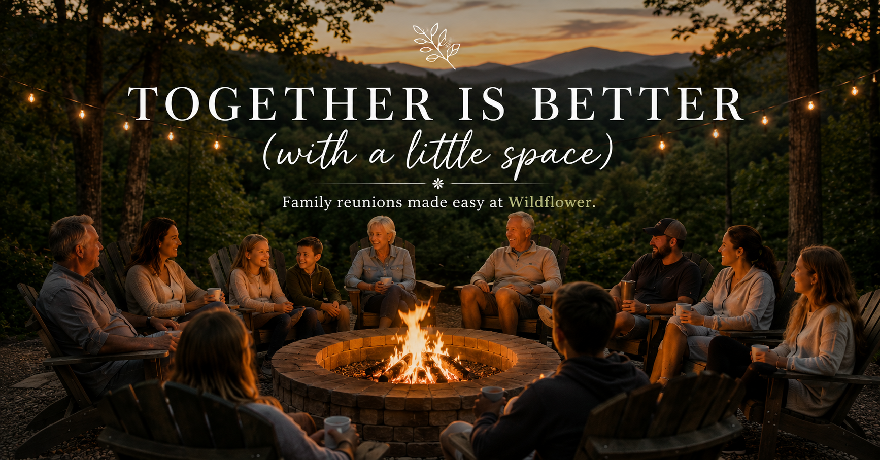 Multi-generational family gathered around a large brick firepit at sunset in the Smoky Mountains, surrounded by trees and mountain views, with the text “Together is Better (with a little space)” promoting family reunions at Wildflower.