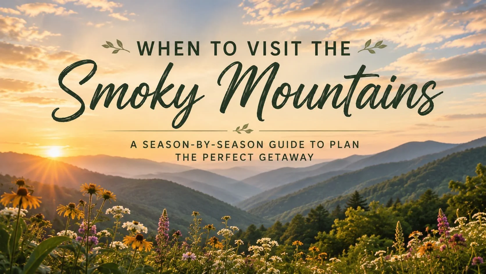 Golden sunrise over the Great Smoky Mountains with colorful wildflowers blooming in the foreground. The banner reads “When to Visit the Smoky Mountains: A Season-by-Season Guide to Plan the Perfect Getaway.”