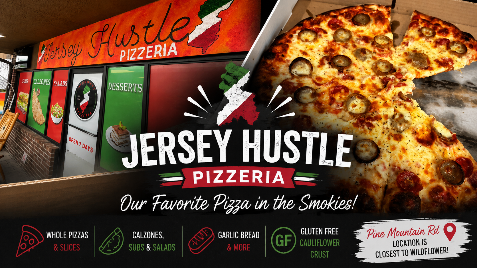Jersey Hustle Pizzeria storefront and specialty pizza with pepperoni and sausage. A favorite local pizza restaurant near Wildflower in Sevierville, Tennessee.