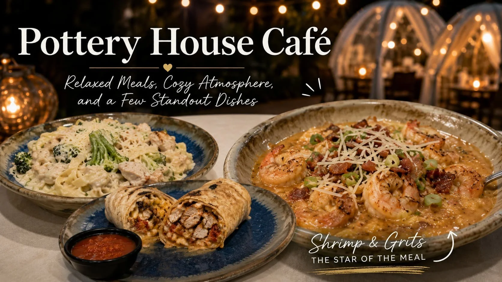 Banner image featuring dishes from Pottery House Café in Pigeon Forge, including shrimp and grits, broccoli alfredo with chicken, and a chicken quesadilla wrap. Warm string lights and outdoor dining domes create a cozy atmosphere in the background.