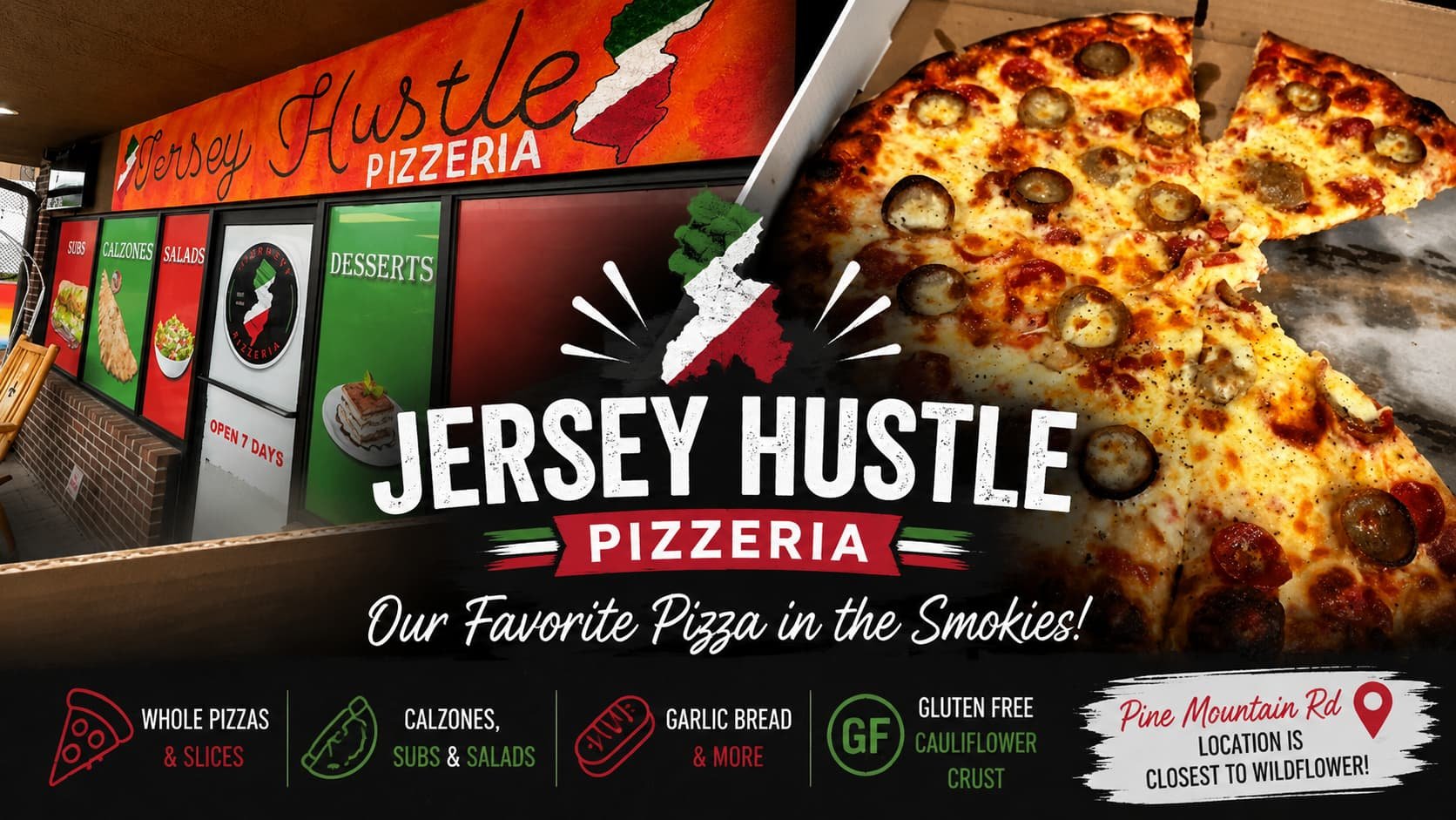 Jersey Hustle Pizzeria storefront and specialty pizza with pepperoni and sausage. A favorite local pizza restaurant near Wildflower in Sevierville, Tennessee.