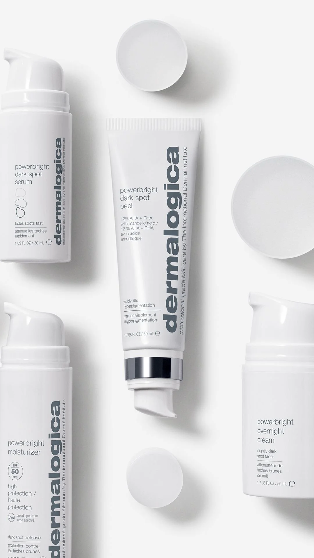 Collection of Dermae skincare products, including dark spot serum, dark spot peel, moisturizer, and overnight cream, arranged on a white background.