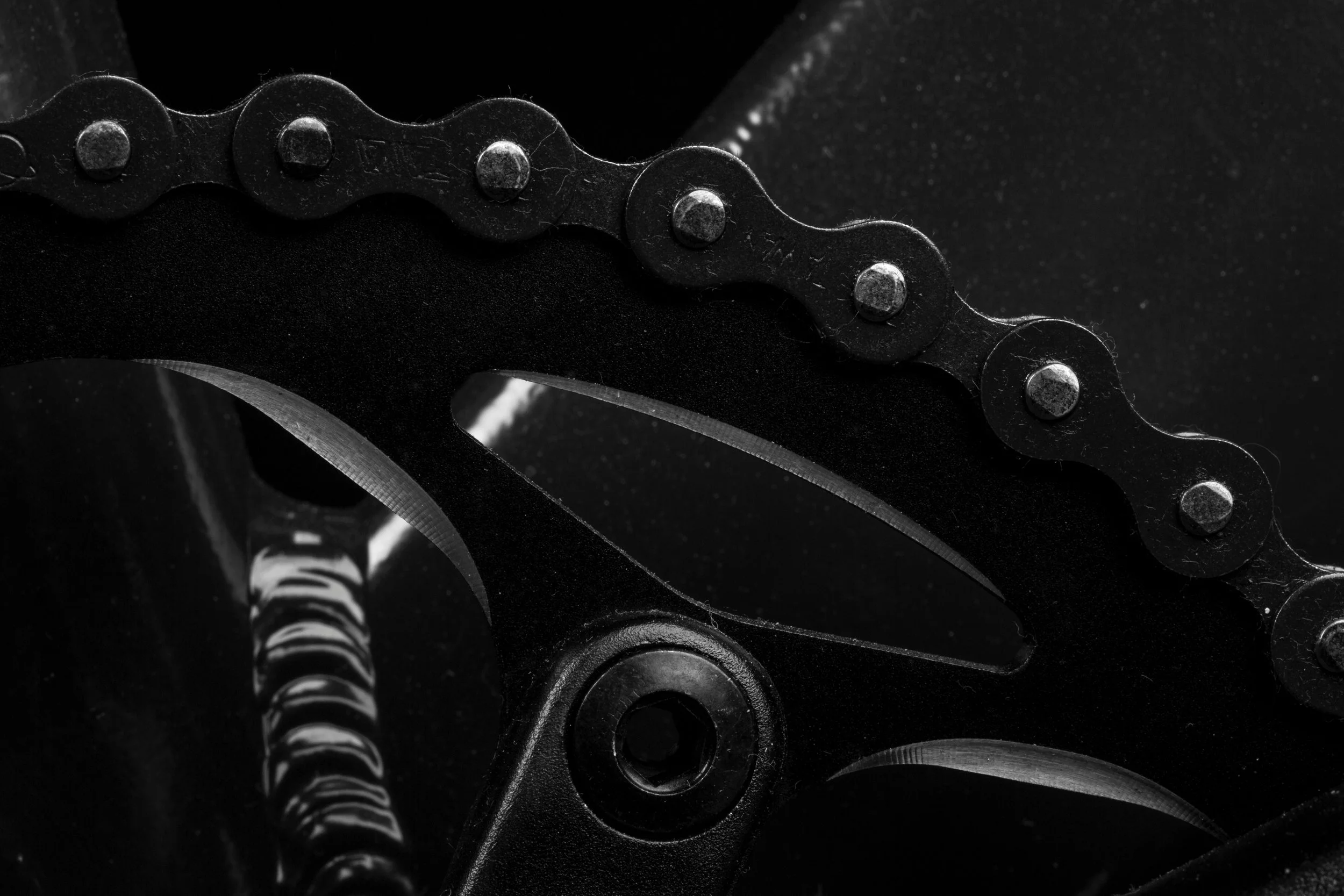 Close-up of a bicycle chain and sprocket in black and white.
