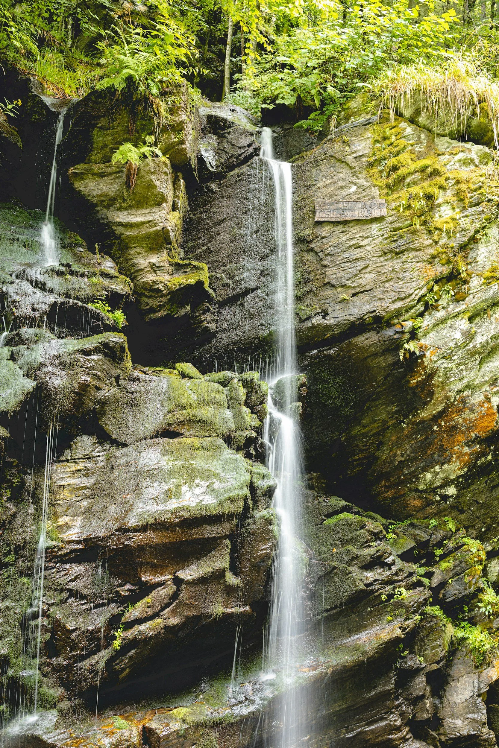 A vertical waterfall flowing over moss-covered rocks in a lush, green forest.