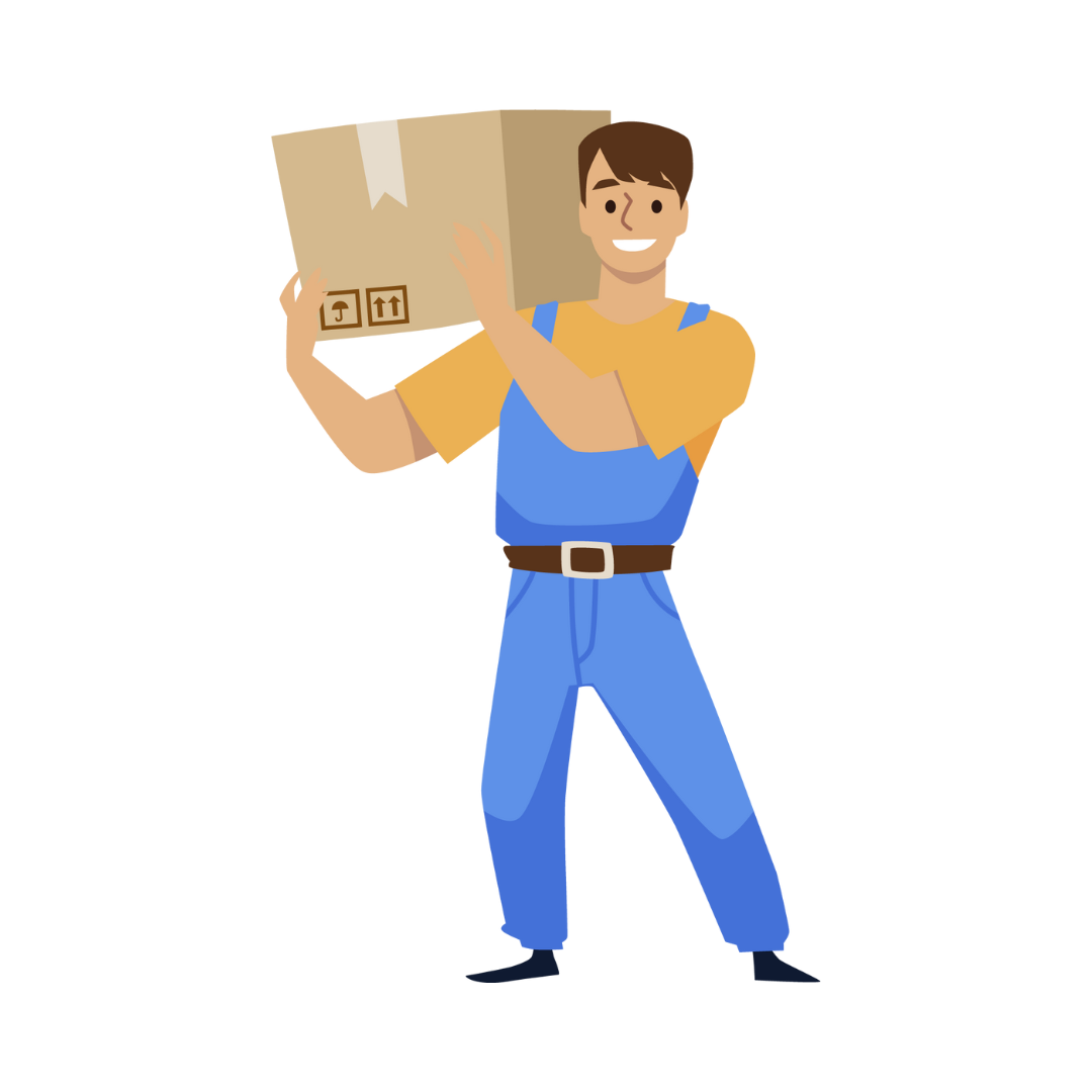 Decorative illustration of a mover wearing blue overalls and a yellow shirt. he is holding a box on his shoulder.