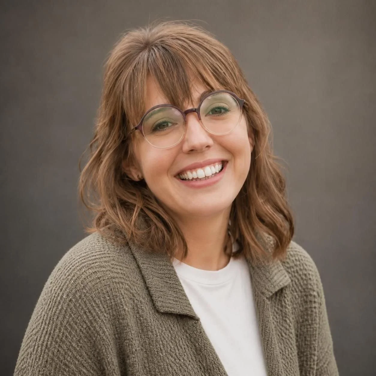 A young woman with glasses and shoulder-length brown hair wearing a green cardigan, white shirt, and brown pants, smiling outdoors near trees.