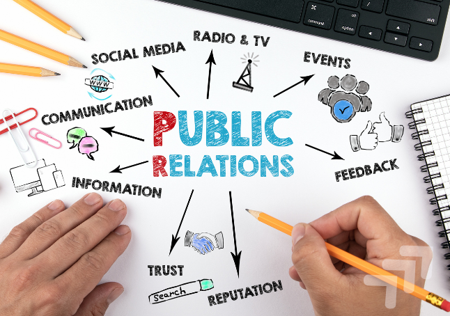 Hands arranging a diagram about public relations with keywords like social media, radio & TV, events, feedback, reputation, trust, information, communication, on a white surface with a keyboard, pencils, a notepad, and paper clips.