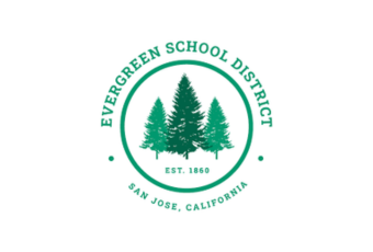 Evergreen School District logo with three pine trees, district name, and establishment year, in green text.