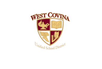 West Covina Unified School District logo with a shield featuring a lamp, open book, apple, and winged shoe.