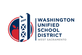 Logo of Washington Unified School District West Sacramento featuring a stylized depiction of a school building and a cityscape in blue, white, and red.