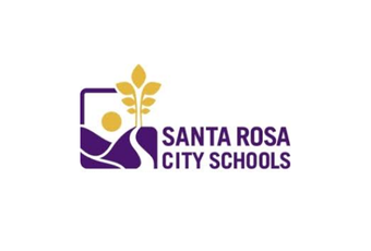 Logo for Santa Rosa City Schools with a stylized tree and mountain design in purple and gold.