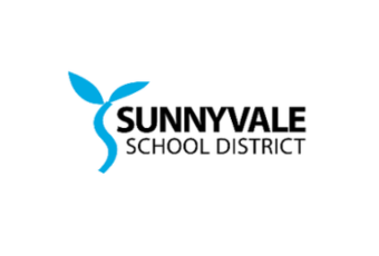 Logo of Sunnyvale School District featuring a stylized blue and green plant or flower with the district name next to it.