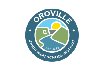Logo of Oroville Union High School District showing a sun, a field, a creek, and a green space with the district name and established year 1983.