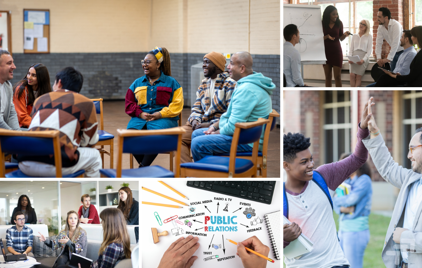 Collage of images depicting various aspects of public relations, including groups of people in meetings, discussions, collaboration, and a handwritten diagram of public relations concepts.