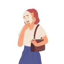 Illustration of a woman with pink hair, wearing a cream top and blue skirt, holding a brown purse and looking thoughtful.