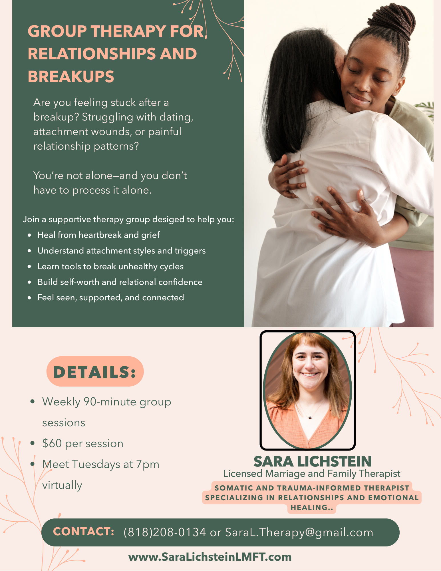 Flyer advertising group therapy sessions for relationships and breakups, featuring a woman embracing another woman.