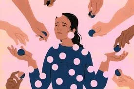 Illustration of a woman surrounded by multiple hands holding makeup brushes, with a pink background