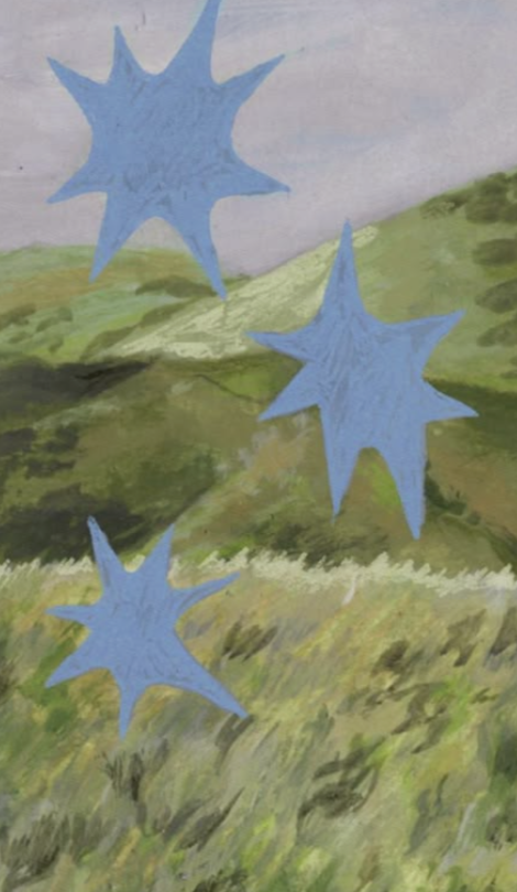 A painting of a grassy landscape with hills in the background, featuring three blue star shapes in the foreground.