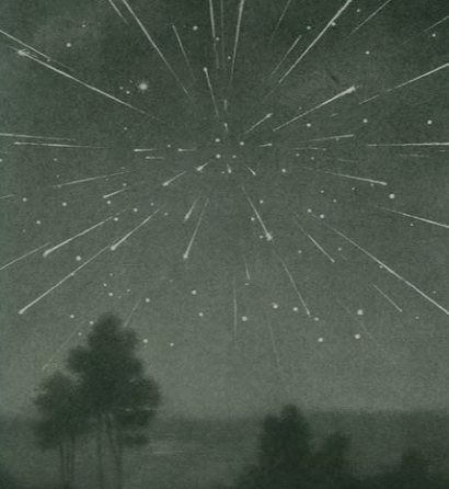 Night sky with shooting stars and stars, with silhouettes of trees at the bottom.