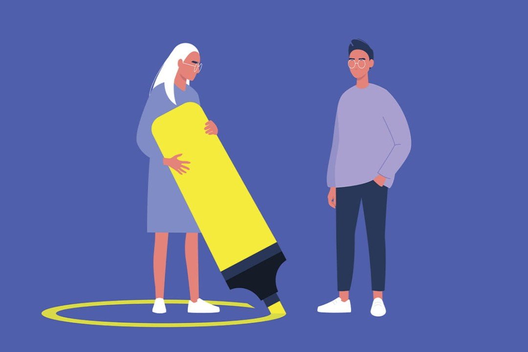 An illustration of a young woman holding a large yellow highlighter marker and an older woman, both wearing glasses, standing on a purple background.