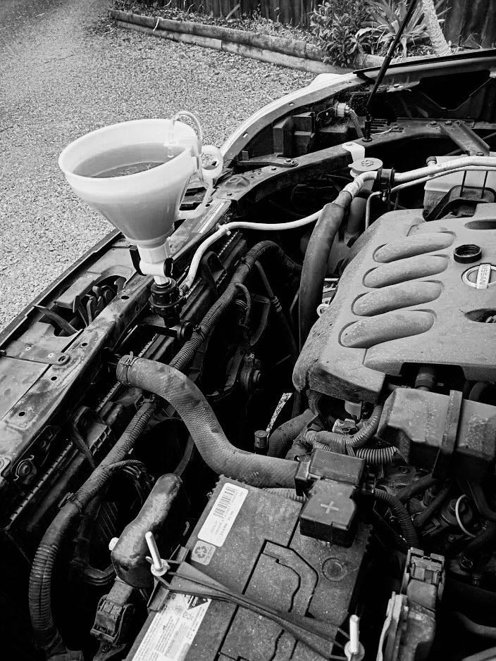 Under the hood of a vehicle getting it's fluids topped up with a funnel.