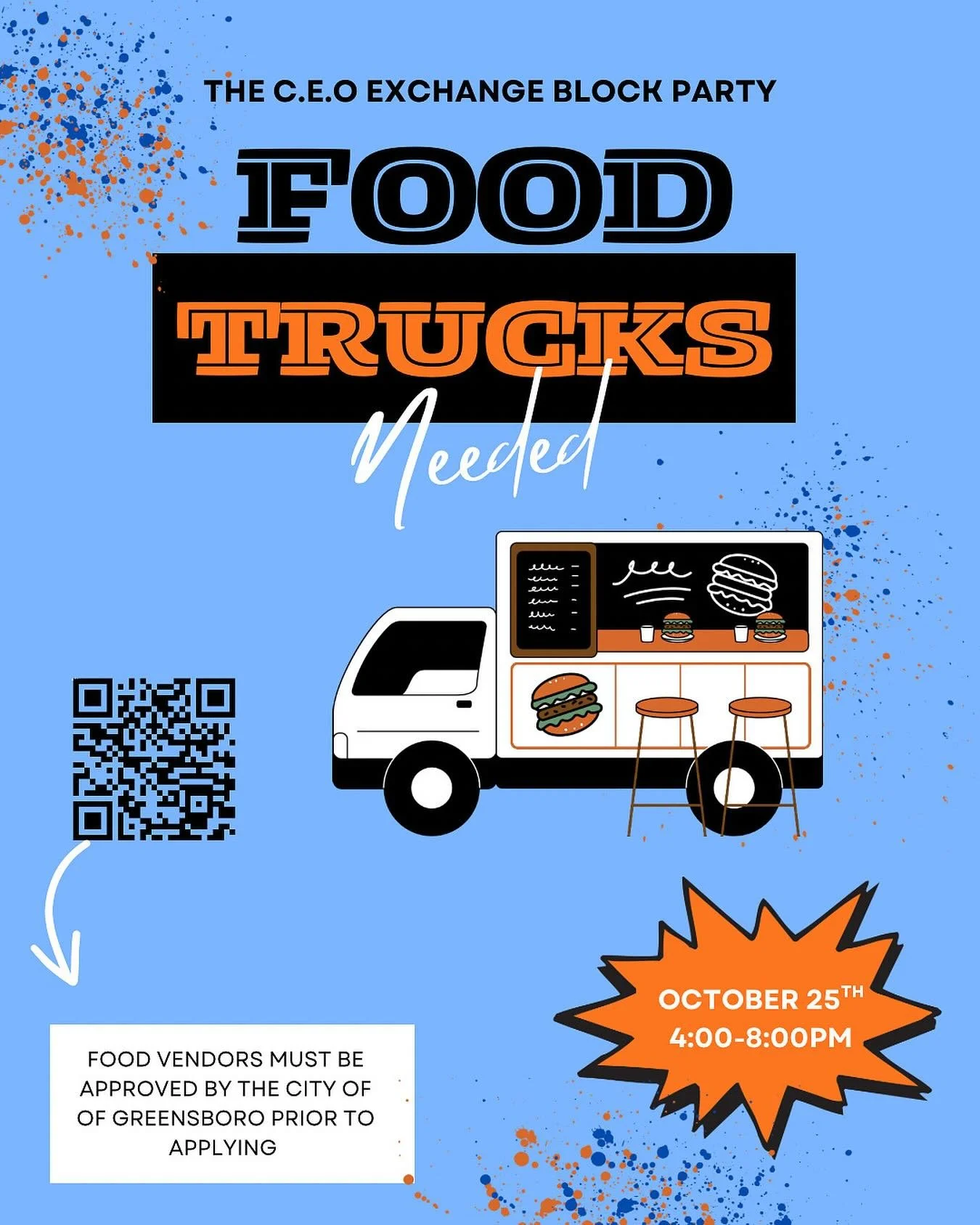 ✨ Calling All Food Trucks! ✨

The CEO Exchange Block Party is happening Downtown Greensboro on October 25th, 4&ndash;8PM and we&rsquo;re looking for amazing food trucks to bring the flavor! 

Use the link in our bio to apply!!

Know a food truck that