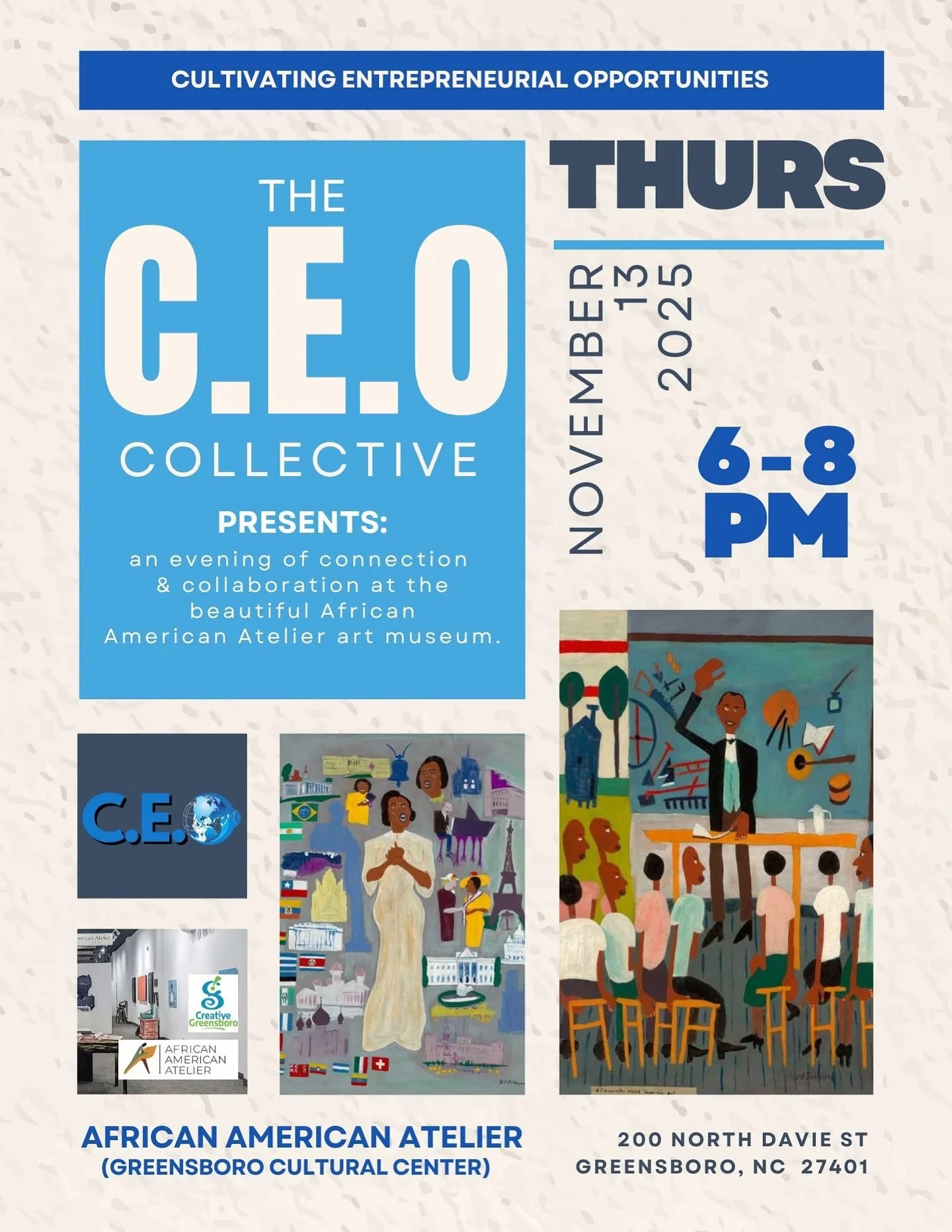 An Evening of Connection &amp; Collaboration

Join us for an inspiring night of networking, creativity, and meaningful connection at the African American Atelier Art Museum in downtown Greensboro.

Enjoy cocktails, refreshments, and rich conversation