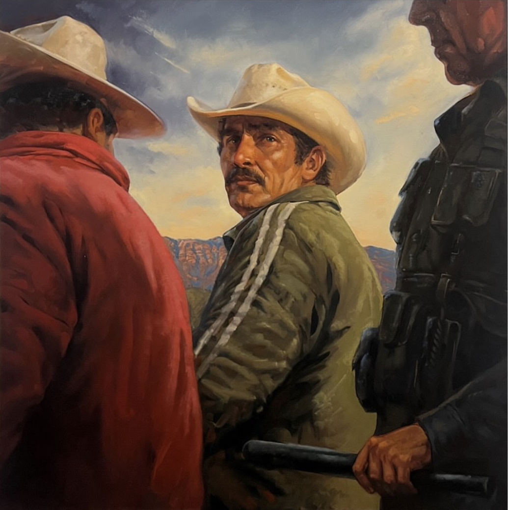 In Plain Sight, figurative oil painting by Alfredo Gonzalez (DOFRE), showing a man in a cowboy hat looking over his shoulder, flanked by other figures including an officer.