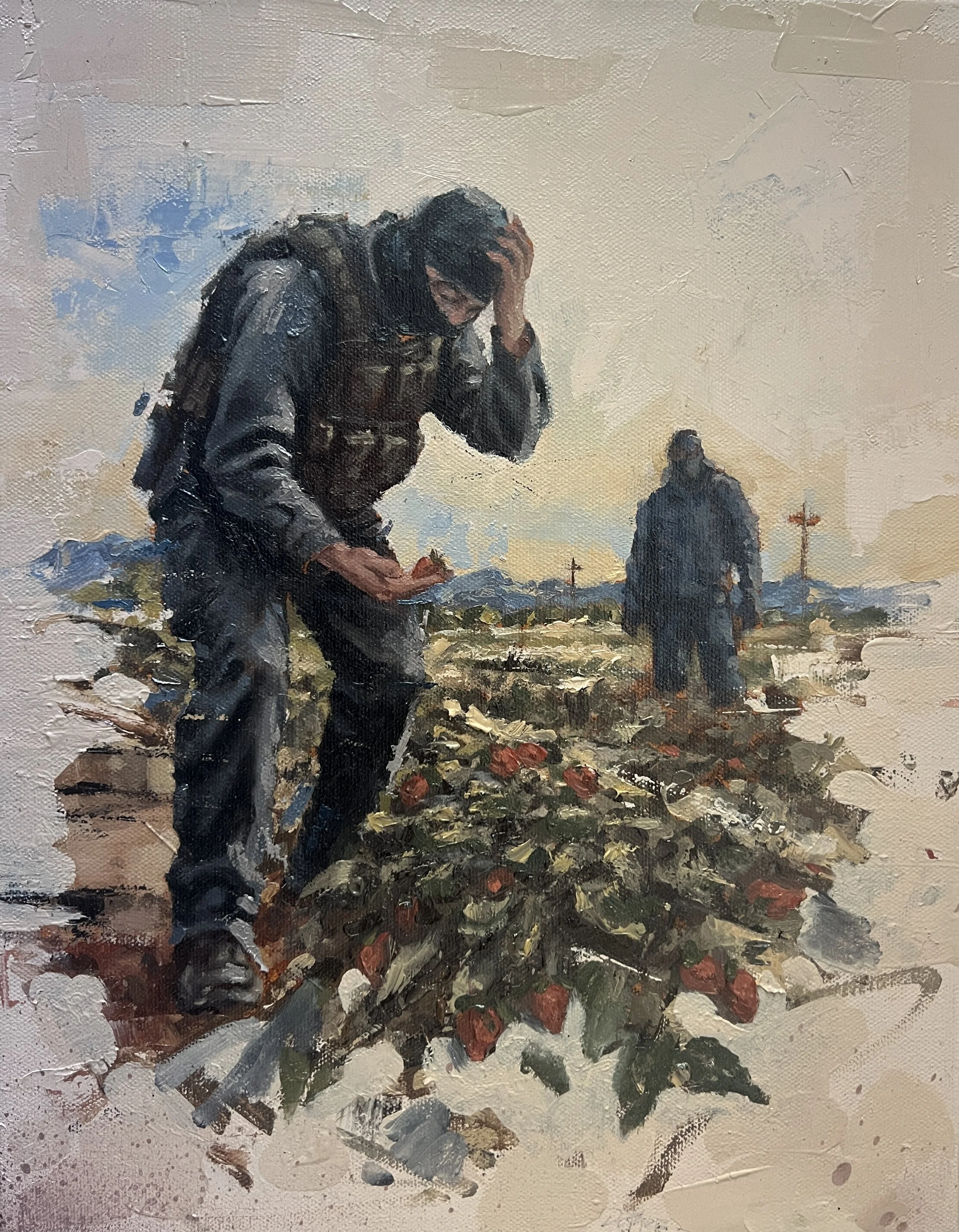 Strawberry Season by Alfredo Gonzalez (DOFRE), an oil painting depicting ICE immigration enforcement agents picking strawberries in a California agricultural field, while a confused figure watches from the distance.